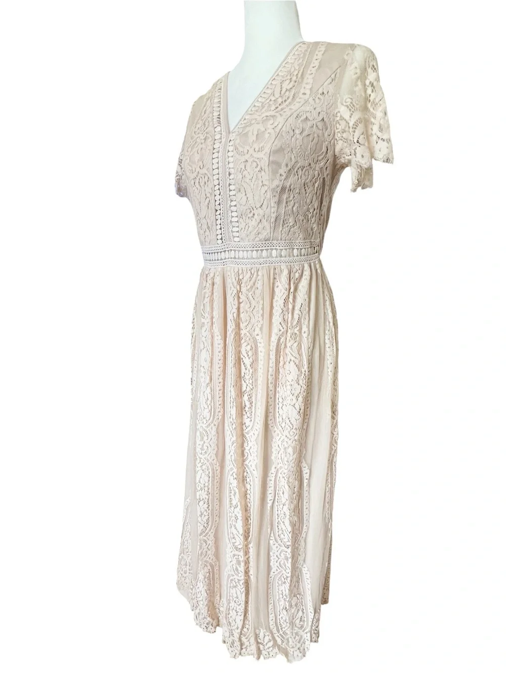 Elegant V-Neck Lace Maxi Dress in Blush